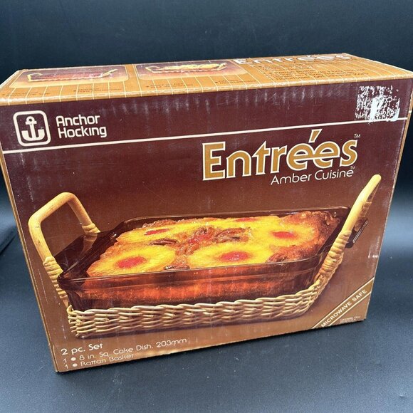 ANCHOR HOCKING Entrées Amber Cuisine Sets Loaf Pan, Cake Dish & Rattan Basket - Picture 3 of 7